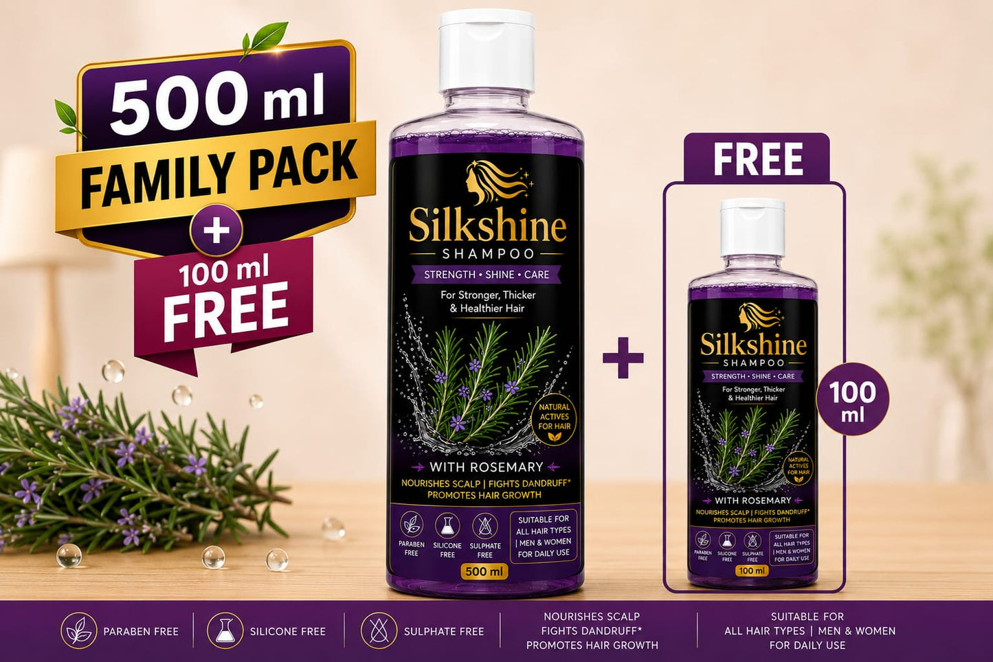 Silkshine Rosemary Family Pack Combo | 500ml + Free 100ml Herbal Shampoo