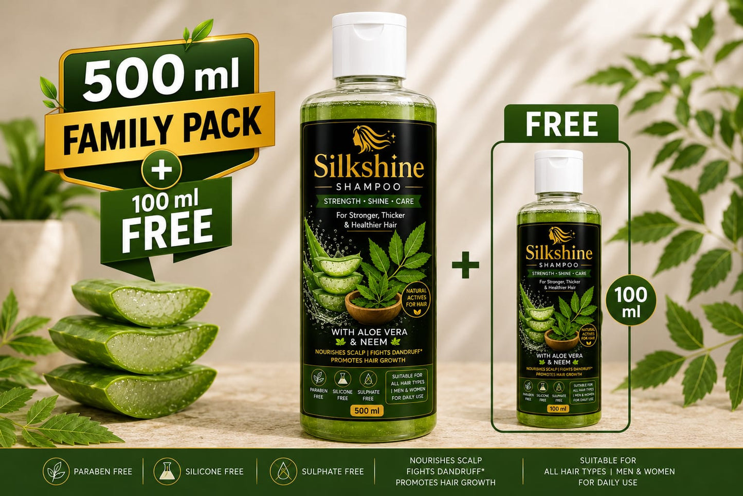 Silkshine Aloe Vera & Neem Family Pack Combo | 500ml + 100ml Free Herbal Shampoo